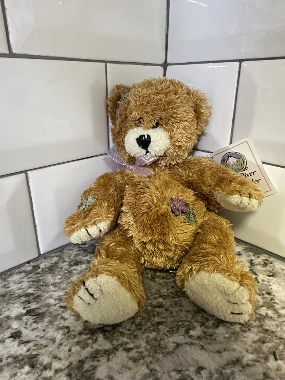 Plush Teddy Bear with Embroidered Flowers and Organic Lavender.